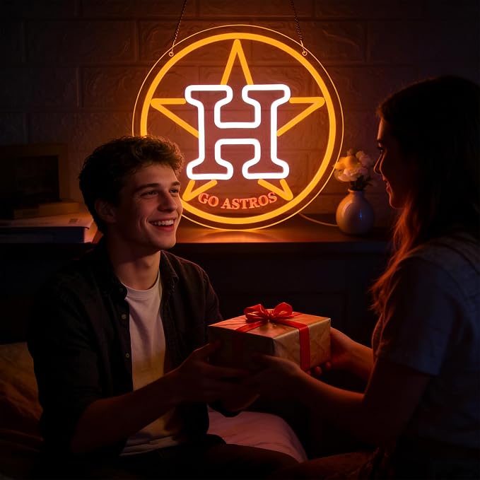 Baseball Neon Sign for Wall Decor Houston Baseball Neon Light for Man Cave | Dimmable Led Neon,Fans Birthday Baseball Gifts,5V USB Powered, Men's Bedroom,Sport Bar Decor,Club,Garage Wall Art,12.9*12.9in