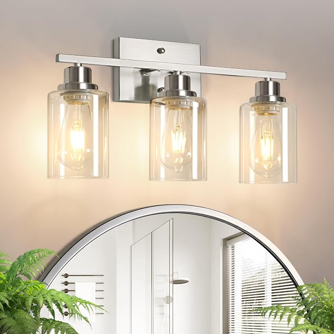 Ascher Bathroom Light Fixtures, 3-Light Vanity Light Over Mirror, Brushed Nickel Wall Sconces with Clear Glass Shades, Wall Lamp for Living Room Bedroom, E26 Base(Bulbs Not Included)