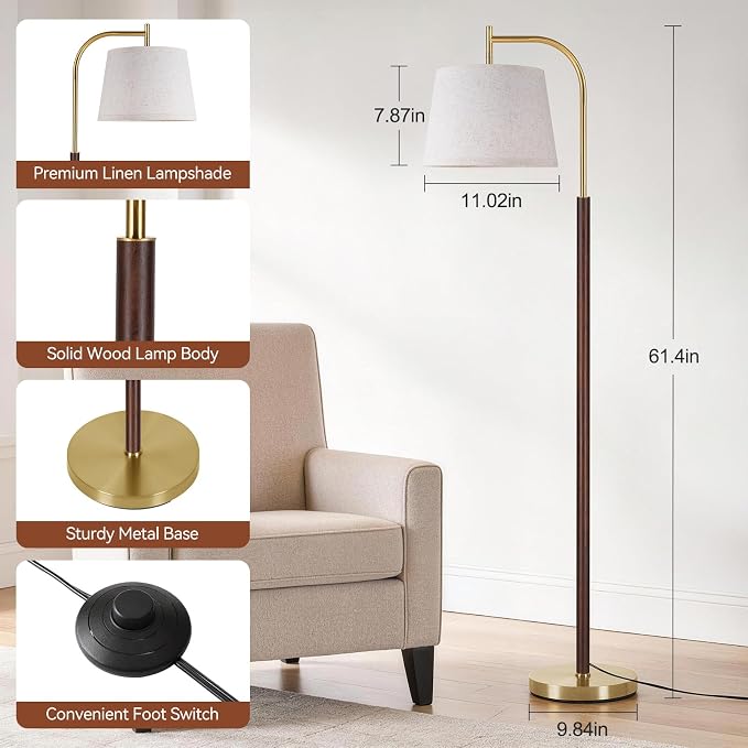 SUNMORY Wood Floor Lamp for Living Room, Mid Century Modern Standing Lamps | 3 Color Temperatures LED Bulb, Arc Floor Lamp with Adjustable Lampshade, Tall Reading Lamp for Bedroom, Corner, Office