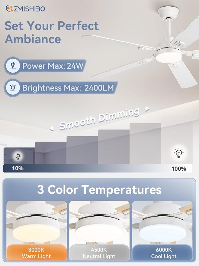 ZMISHIBO 52" Ceiling Fans with Lights and Remote, White Modern for Indoor | 24W 2400LM Bright LED, 3CCT, Dimmable, App Control, Farmhouse Dual Finish Blades, Quiet&Strong Motor for Bedroom, Living Room