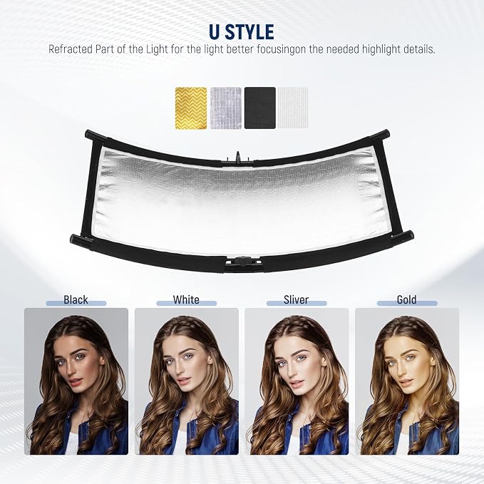 NEEWER U Type Light Diffuser Reflector for Studio and Photography Situation with Carrying Case, Arclight Curved Reflector 30"x18"/75x40cm in Black/White/Gold/Silver (Light Stand Not Included), RF-04