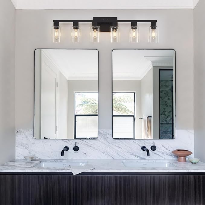 6 Light Bathroom Vanity Light, Matte Black Vanity Light Fixtures, Large Vanity Lights for Bathroom, Farmhouse Light Fixtures with Clear Glass Shade for Bathroom Over Mirror