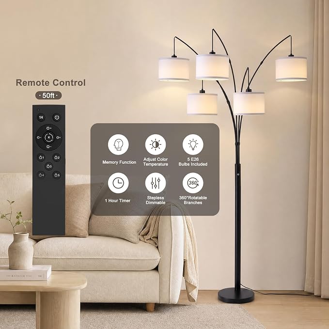 Floor Lamps for Living Room, 4000LM Super Bright Arc Floor Lamp with Remote Control, 5 Light Tall Floor Lamps with Stepless Dimmable, 80" Mid Century Tree Floor Lamp for Bedroom, Office