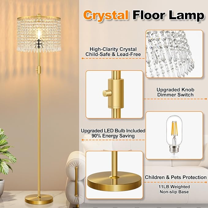 【Upgraded】 Dimmable Crystal Floor Lamps for Living Room, 1000LM LED Bulb Included, Standing Lamp with Knob Switch, Tall Gold Pole Light for Bedroom Nursery Office Corner Reading