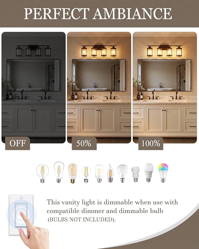 4-Light Oil Rubbed Bronze Bathroom Light Fixtures Over Mirror with Clear Glass and Metal Cage Shade, 29" UL-Listed Modern Farmhouse Wall Sconce for Bath, Hardwire E26, OS-3014ORB-4W