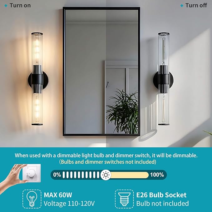 Bathroom Light Fixtures 2 Pack Hardwired, Black Wall Sconce Threaded Glass Vanity Light Featuring Two E26 sockets, Bathroom Wall Light Dimmable - Bulb Not Included, UL Certification