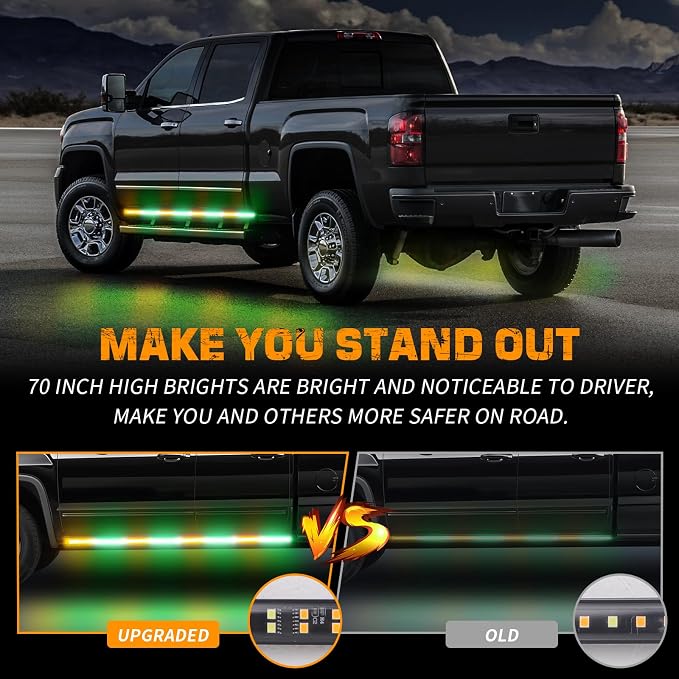 70 inch Running Board Strobe Lights Amber Green Emergency Lights | 2PCS 864 LED Exterior Flashing Warning Hazard Caution Safety Light Strip for Tow Plow Trucks Construction Vehicles Pickup