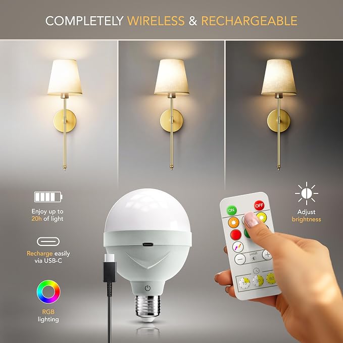 Set of 2 Wireless Wall Sconces - Stick-On or Screw Mount for Easy Installation with Rechargeable LED Bulbs, Remote Controlled, Adjustable Brightness & Warmth, Living Room Wall Decor (Black)