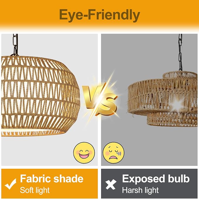 9"-52" Height Adjustable Farmhouse Chandelier Light Fixture, 5-Light Rattan Boho Chandeliers for Dining Room, Hand Woven Pendant Light with Linen Shade, Rustic Hanging Lighting for Kitchen Island