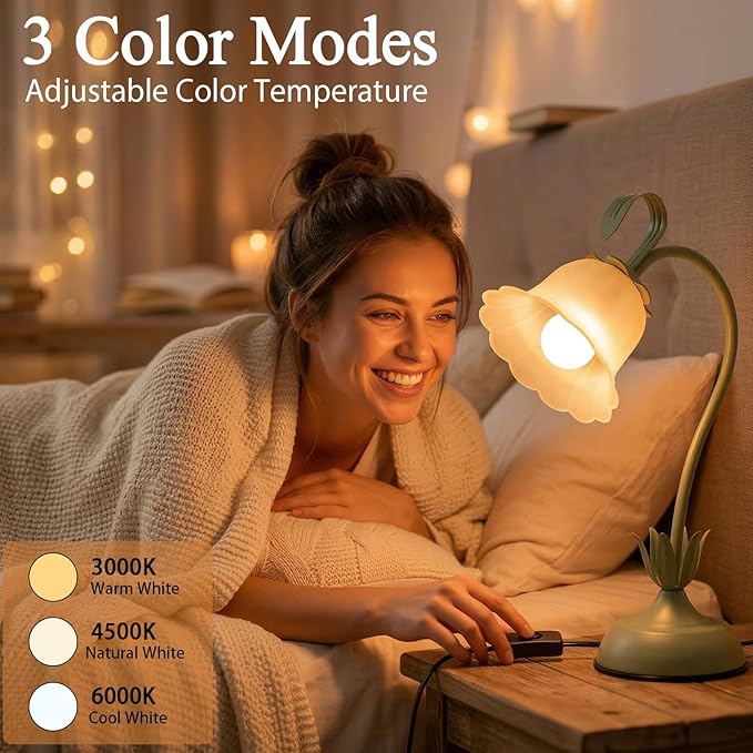 Tulip Flower Table Lamp, 3 Color Temperature Flexible Gooseneck Cute Small Desk Lamp for Bedroom, Vintage Nightstand Bedside Lamps for Living Room, Dorm, Office, Home Decor (Tulip Green)