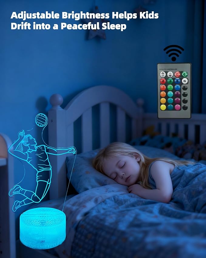 Volleyball 3D Illusion Night Light for Girls, Volley Player Lamp | 16 Colors Changing, Dimmable, Touch & Remote Control, Room Bedroom Décor, Birthday Christmas Teen Kid Women Sport Fan Gift