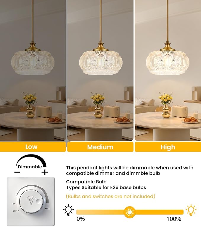 Large Gold Pendant Lights Kitchen Island, Flush Ceiling Light | 12 inch, Clear Glass Shade, Vintage Pendant Light, Adjustable Hanging Light for Kitchen Island Bedroom Hallway Bathroom
