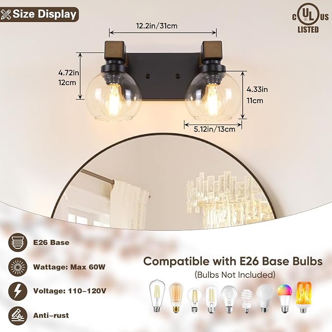 Farmhouse Bathroom Vanity Light, 2-Light Wood Bathroom Light Fixtures Over Mirror, Black Vanity Lighting Fixtures with Glass Shades, Rustic Bathroom Lighting for Living Room Bedroom Hallway