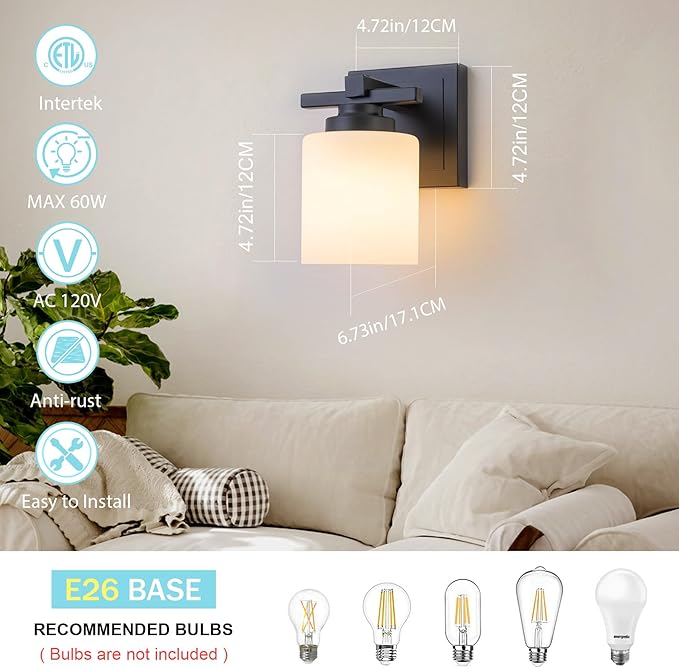 Modern Bathroom Light Fixtures Over Mirror, Vanity Lights for Bathroom Wall Sconces with Milky White Glass Shades, E26 Socket (Bulbs Not Included), 1 Light, Black