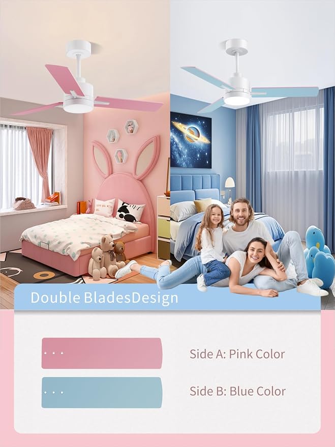 LANMEL Metal Ceiling Fan with Lights and Remote, 42 Inch, Pink & Blue | Modern Low Profile Flush Mount, Reversible, 3CCT Dimmable, Quiet, LED, For Bedroom, Living Room, Indoor/Outdoor Patio Use