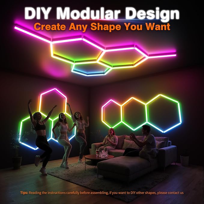 RGB Hexagon Lights 3 Grids, Hexagon Garage Lights with Music Sync Mode, App & Remote Control Honeycomb Lights for Gym Studio Basement Shop Exhibition