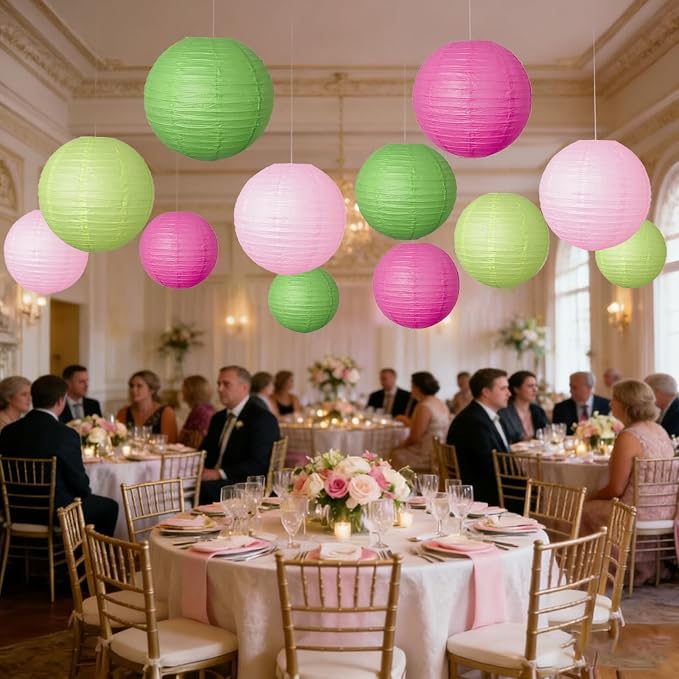 12 Pcs Paper Lanterns Party Decorations Pink Green Round Hanging Paper Lanterns Assorted Sizes Paper Lanterns for Birthday Baby Shower Wedding Bridal Shower Hawaiian Luau Jungle Theme Party Decoration