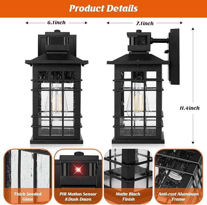 Motion Sensor Outdoor Wall Lights Black, Dusk to Dawn Outside Porch Lights Fixture Wall Mount, Waterproof Exterior Light Fixtures, 2-Pack Matte Black Wall Sconces Lantern for House Patio Garage
