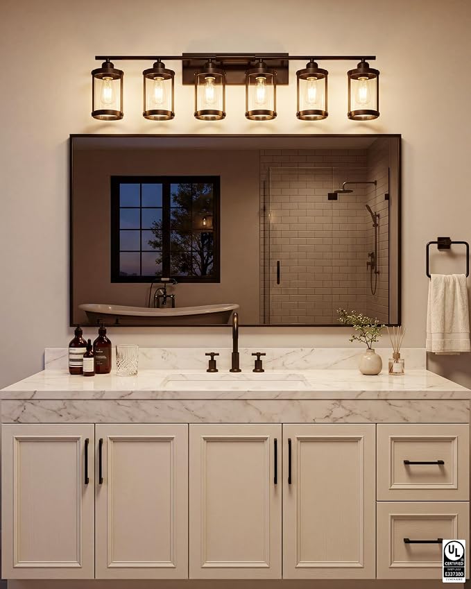 6-Light Oil Rubbed Bronze Bathroom Light Fixtures, 42 Inch Modern Bathroom Vanity Lighting Fixtures Over Mirror with Clear Glass and Metal Cage Wall Sconce Lights for Bath, OS-3014ORB-6W