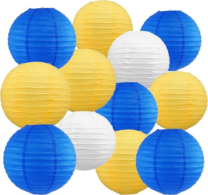 BEISHIDA Blue Yellow White Round Paper Lanterns Decorative Hanging Asia Chinese Japanese Paper Lanterns Lamp for Birthday Graduation Baby Shower Wedding Home Decor Outdoor Party Decoration(12Packs)