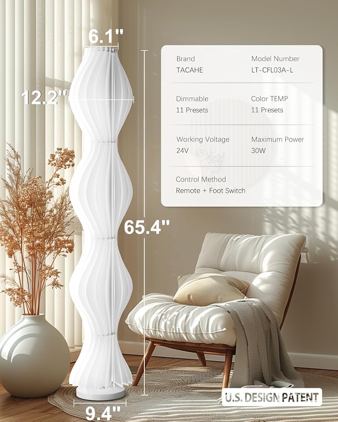 Wave Skirt Floor Lamp - 3 Color Temp & Dimmable | Column Standing Floor Lamp with Foot Switch & Remote - 21 Sheets Lampshade - Modern Ambient Light for Living Room - 30W - 66"