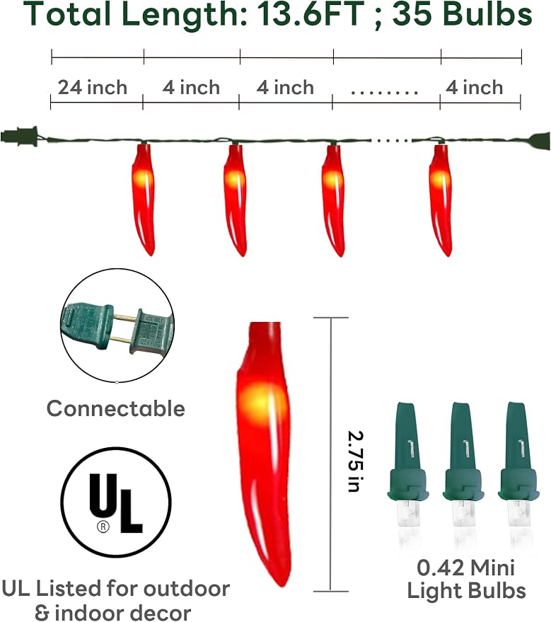 Chili Pepper String Lights, 13.6FT Chili Pepper Cluster Lights with 35 Red Chili Pepper Light for Outdoor Indoor Kitchen Garden Patio Christmas Mexican Party Decor