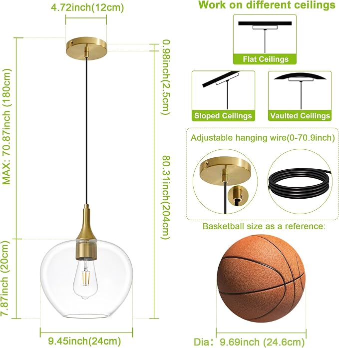 9.45in Gold Pendant Lights Kitchen Island with Clear Glass Shade 2Pack | Handcrafted Glass Pendant Light Fixtures, UL Certified, E26 Base 100W Max, Height-Adjustable, Dimmable Hanging Pendant Light