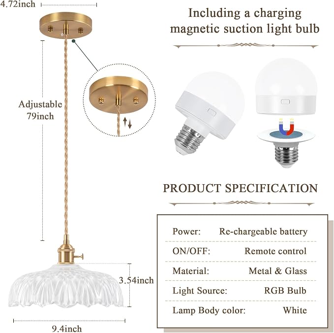 Battery Operated Pendant Light,Vintage Light Fixtures RGB Light Bulb 2500mAh 9.4in White Modern Chandelier with Remote Control Wireless Adjustable Rechargeable Chandelier for Kitchen Island 1Light