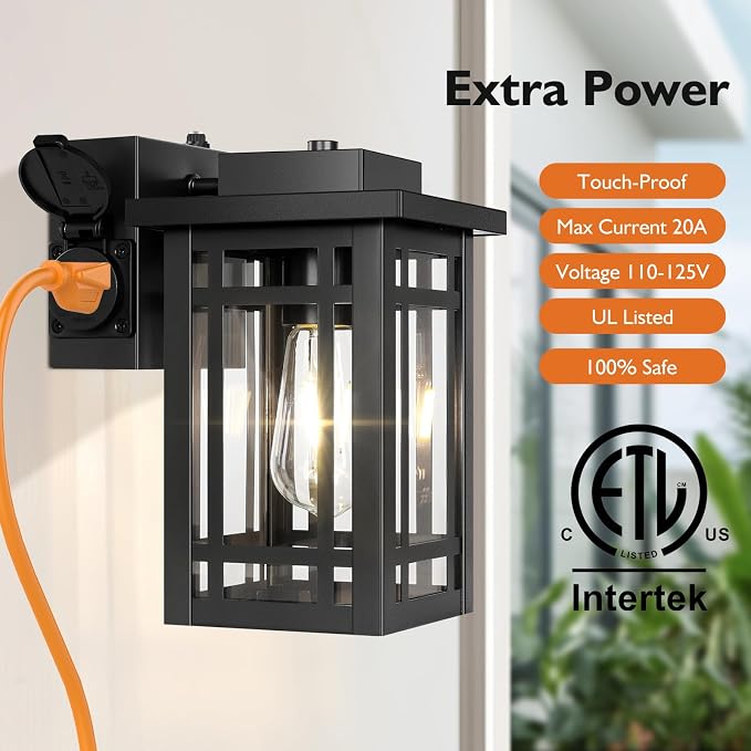 2-Pack Outdoor Porch Lights with Outlet,Dusk to Dawn Motion Modern Outdoor Wall Lights Exterior Lighting Fixtures Waterproof, Black Outside Light for House Patio Garage Hallway