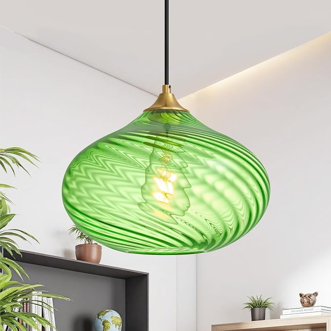 11in Gold Pendant Lights Kitchen Island with Green Glass Shade 1Pack | Handcrafted Glass Pendant Light Fixtures, UL Certified, E26 Base 100W Max, Height-Adjustable, Dimmable Hanging Pendant Light