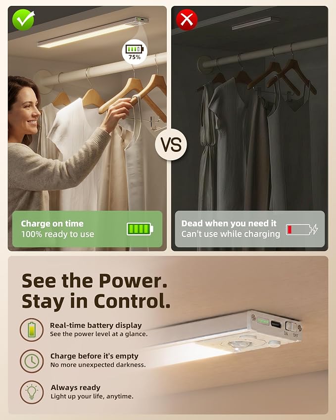 EZVALO 17'' Under Cabinet Lighting Wireless, 3Pack Rechargeable Closet Lights, LED Motion Sensor Indoor, Dimmable & 3 Color Temps Battery Operated with Power Display, for Kitchen, Stairs, Bookshelf