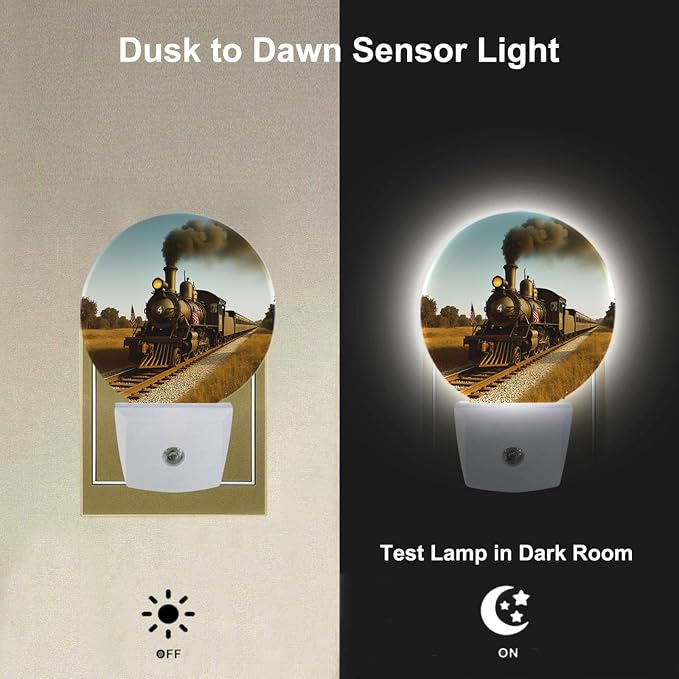 Antique Train LED Night Light Steam Engine Locomotive Train on Railroad Track Plug-in Night Light with Dusk to Dawn Sensor for Bedroom Bathroom Living Room