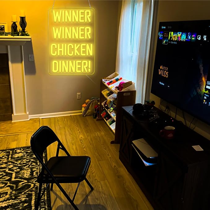 WonderfulLife Winner Winner Chicken Dinner Neon Sign for Game Zone Decor,Shooting Games Led Lights for Man Cave Gaming Room Internet Bar or Bedroom Decoration.5V USB Powered,Easy Hanging.