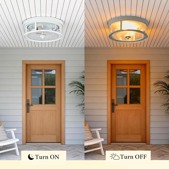 White Flush Mount Ceiling Light Fixture, 2-Light with Seeded Glass White Ceiling Light Fixture for Bedroom, Indoor Outdoor Ceiling Lights for Porch Hallway Kitchen
