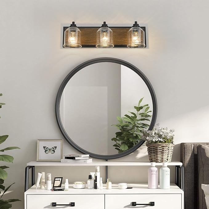 Vanity Lights for Bathroom Large 23", Farmhouse Rustic Vanity Light with Bubble Glass Shades, Brown 3 Light Bathroom Lighting Fixtures Over Mirror, Bath Wall Sconce Home Decor