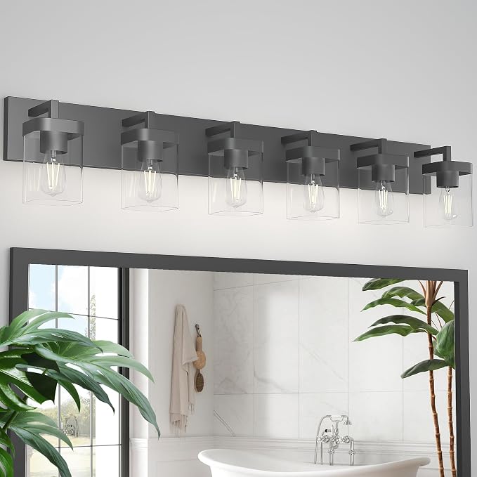 Bathroom Vanity Light, Square Design 6 Lights Morden Bathroom Lighting Fixtures Over Mirror, Black Vanity Light for Living Room/Bedroom