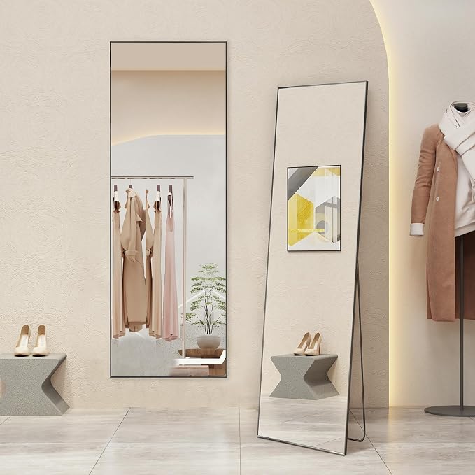 Full Length Floor Mirror, 16"x59" Body Wall Mirror with Stand | Shatter-Proof Nano Glass, Tall Standing, Hanging or Leaning, Aluminum Alloy Frame for Bedroom, Modern Home Decor, Black