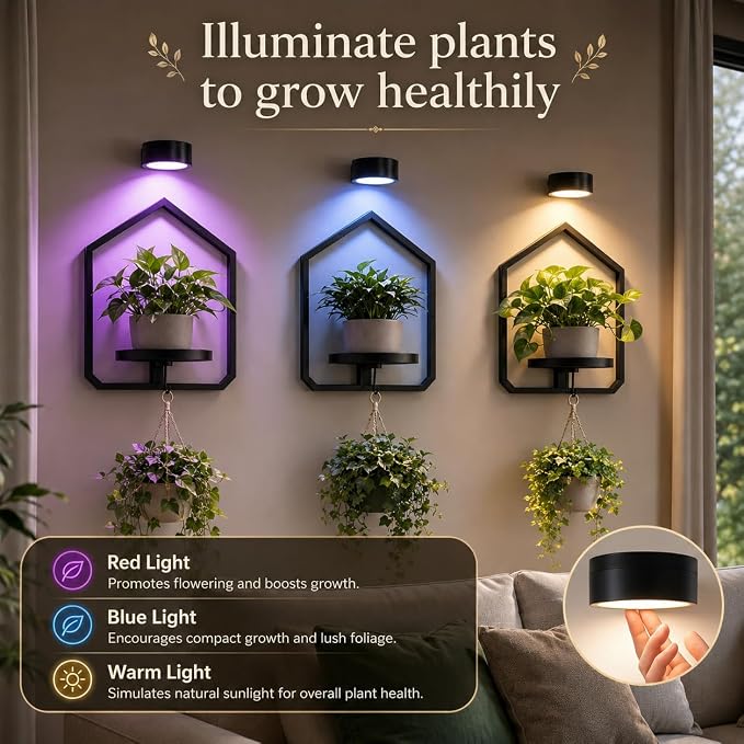 2 Pack Wall Mounted Plant Shelf with Grow Light, Hanging Plant Shelf | Floating Plant Wall Shelf Decor with Wireless Rechargeable LED Plant Light & Remote Control for Bedroom Living Room Apartment