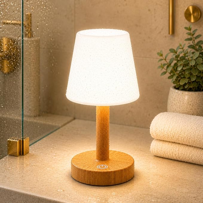 Rechargeable Table Lamp, Mini Cordless Shower Lamp for Bathroom, IP54 | Warm Oak-Look Body, Compact Fit for Small Surfaces, Warm-to-Cool Ambience, Touch Dimming with Brightness Memory
