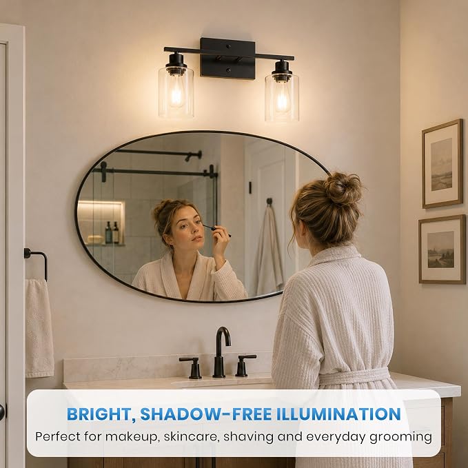 Ascher 2 Light Bathroom Light Fixture, Matte Black Bathroom Lighting Fixtures Over Mirror, Vanity Light with Clear Glass Shade, Wall Sconce for Living Room Bedroom Cabinet, E26 Base