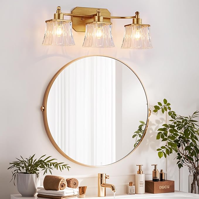 Gold Bathroom Vanity Light Fixture, 3-Light Vanity Lights for Bathroom , Matte Antique Brass Finish, with a Square Crystal Glass Shade, Vintage Bathroom Lighting Fixture over Mirror (Gold, 3 Light)