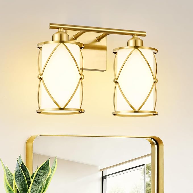 2-Light Brushed Gold Bathroom Light Fixtures with Milk Frosted Glass, 13.8" Modern Bathroom Vanity Lighting Fixtures Over Mirror with Metal Cage, Wall Sconce Lights for Bath, E26, CH9176BGW-2W