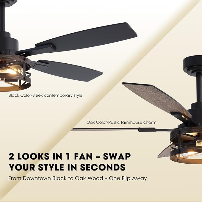50 Inch Ceiling Fans with Lights and Remote & APP Control, Farmhouse Ceiling Fan with LED Lighting for Bedroom Living Room and Patio, Black Caged Ceiling Fan for Indoor and Outdoor(NO BULBS）