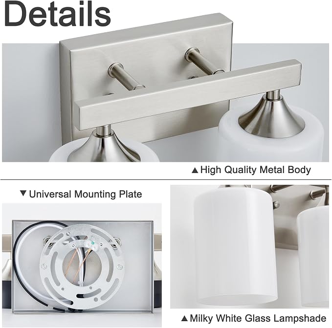 ZHU YAN 2-Light Bathroom Vanity Light,Brushed Nickel Bathroom Light Fixture,Milky White Glass Shades,Modern Bathroom Wall Lamp for Mirror Living Room Cabinet Bedroom E26 Socket