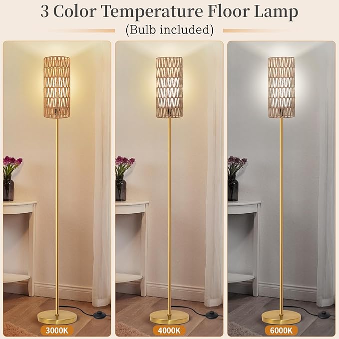 Ruiever Floor Lamp for Living Room,Farmhouse Floor lamp,Modern Standing lamp with Hand-Worked Rattan Shade (Round Rattan Shade Gold Color-3 Color Bulb)
