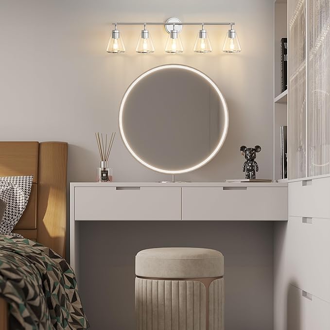 Bathroom Vanity Light 5 Lights Modern Vanity Lighting Fixture for Bathroom 38.5" Large Vanity Lights with Clear Glass Shade Polished Nickel Bath-Room Lighting Fixtures Over Mirror Wall Sconces