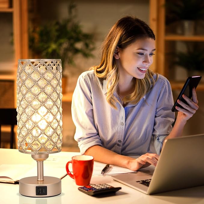 Crystal Table Lamp with USB C+A Ports, 3 Way Dimmable Touch Lamp with Crystal Shade, Champagne Gold Bedside Nightstand Small Lamp for Living Room Bedroom Home Office