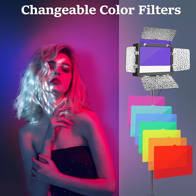 2 Pack LED Video Photography Lighting Kit with 54'' Tripod Stand, Dimmable 5600K USB Studio Lights with Barndoor -9 Color Lighting for Video Recording, Photo Studios, YouTube, TikTok, Game Streaming