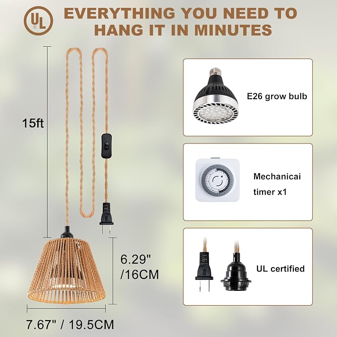 Hanging Grow Light, 30W LED Lamp with Timer for Indoor Plants | 4000K LED plant lamp with 15 ft cord, outlet timer, and boho paper rope shade for succulents, herbs, and low-light rooms.