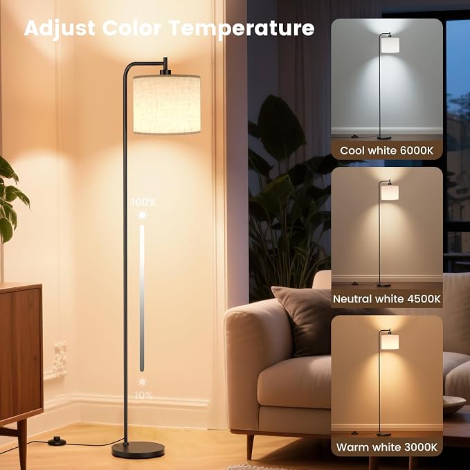 Floor Lamp for Living Room, Tall Standing Lamp with Linen Shade | Dimmable with Remote Control, 3 Color Temperatures, 9W LED Bulb Included, Ideal for Bedroom, Office and Reading Corner